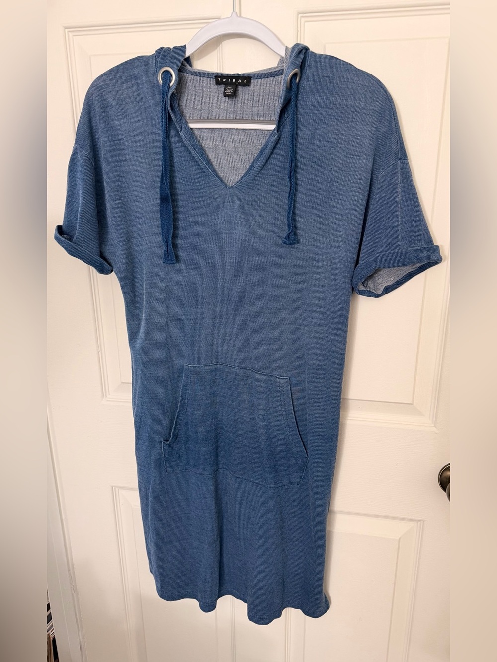 Tribal Blue Short-Sleeve Hooded Tee Dress with Kangaroo Pocket